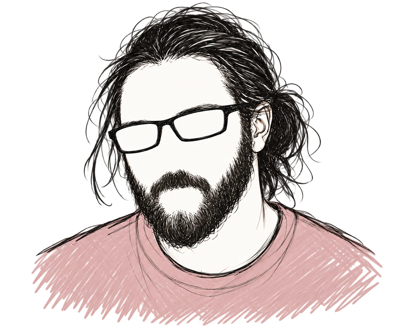 Ink portrait of Daniil with tied-back hair, glasses, and a beard